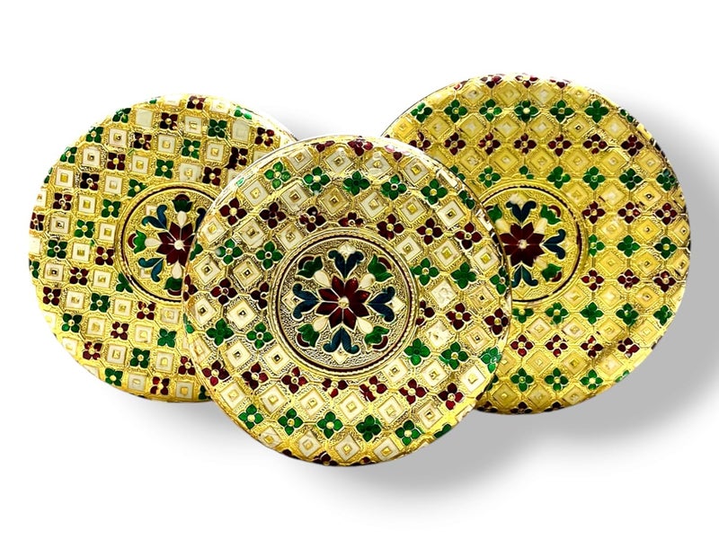 CRAFTS WORLD Meenakari Container Flower Design Round Dabba Chapati Box Golden Meenakari Storage Box Marriage Return GiftGold75 x 75 x 27 InchPack Of 3 - Image 2