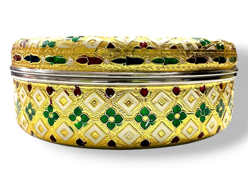 CRAFTS WORLD Meenakari Container Flower Design Round Dabba Chapati Box Golden Meenakari Storage Box Marriage Return GiftGold75 x 75 x 27 InchPack Of 3 - Image 3