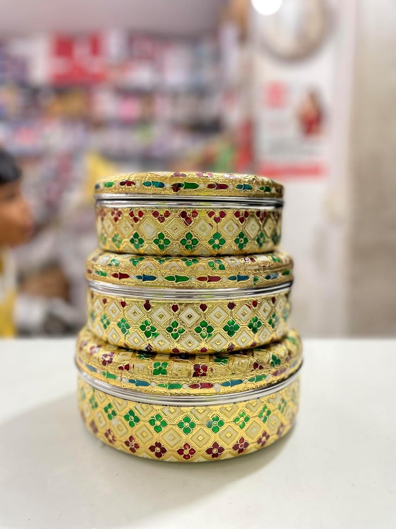CRAFTS WORLD Meenakari Container Flower Design Round Dabba Chapati Box Golden Meenakari Storage Box Marriage Return GiftGold75 x 75 x 27 InchPack Of 3 - Image 4