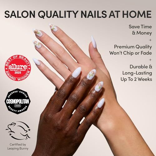 Glamnetic Press On Nails Floral Glow Spring Nails Short Almond Fake Nails in Milky White Base with 3D Rose Designs in a Glossy Finish Salon Quality 15 Sizes 30 Nail Kit with Glue - Image 3