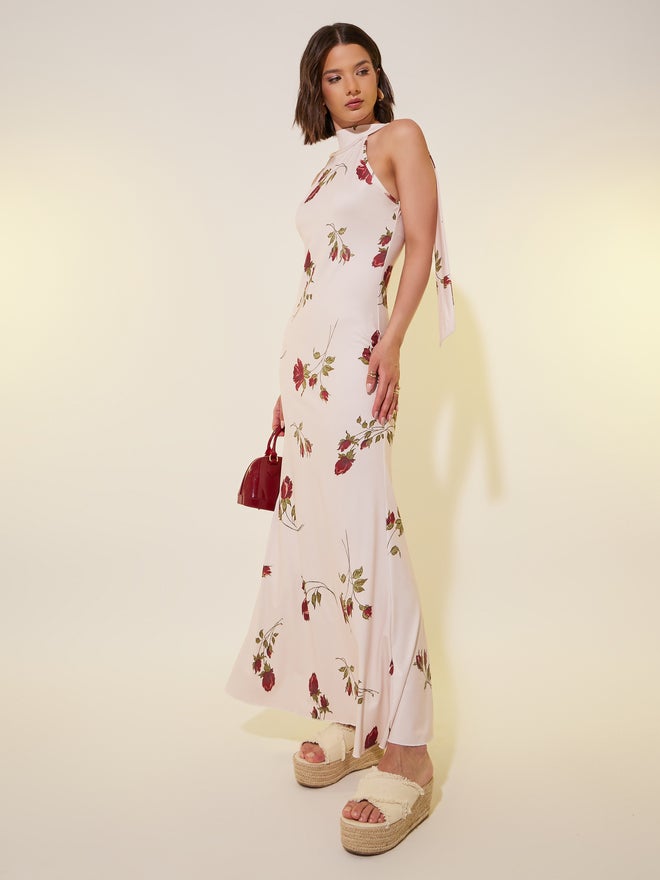تايك تو فستان ماكسي بياقة هالتر وطبعات زهور - Image 1