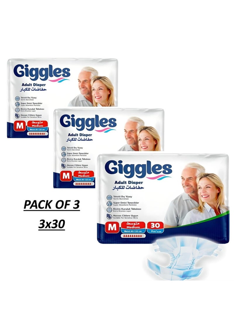 giggles 3 Pack of Giggles Adult Diapers – Size Medium (Total 90 Pieces, Waist 85–125 cm) - Image 1