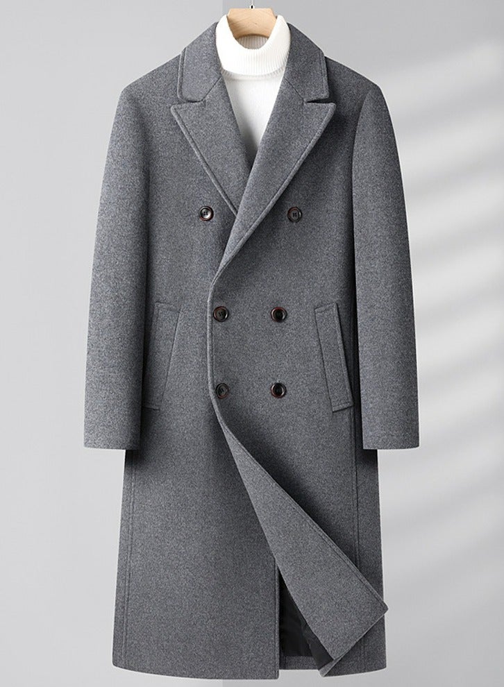 Loquat Men's Woolen Casual Trench Coat Slim Fit Suit Collar Long Jacket Overcoat with Pockets Grey  - Image 1