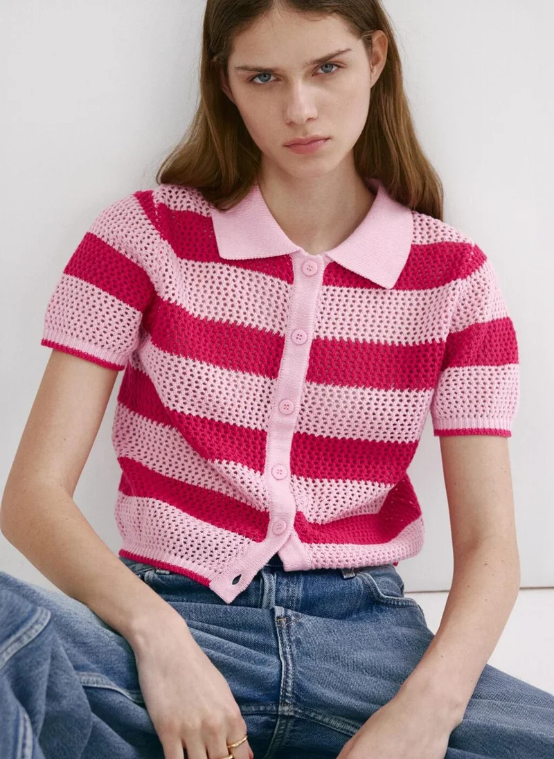 Mango Striped Openwork Knitted Cardigan