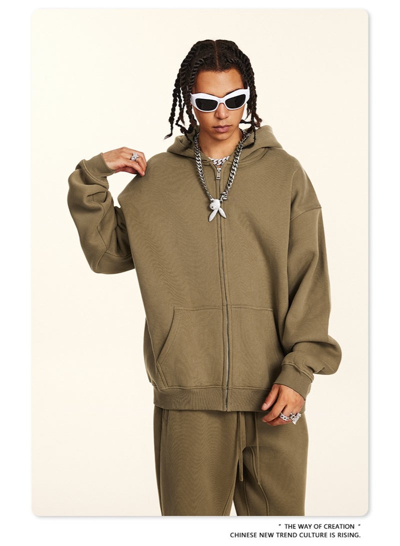 بى طقم من قطعتين: سويت شيرت بقلنسوة بلون سادة، كارديجان فضفاض كاجوال، وبنطال رياضي (بني) - Image 5