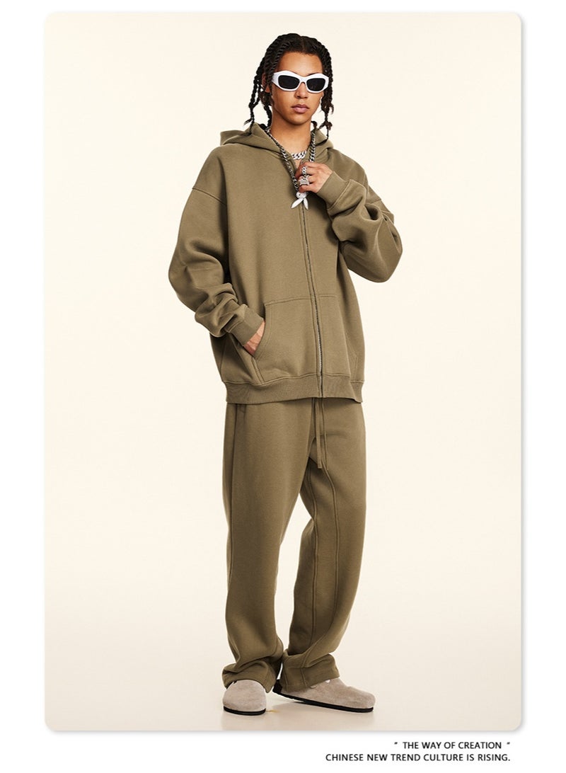 بى طقم من قطعتين: سويت شيرت بقلنسوة بلون سادة، كارديجان فضفاض كاجوال، وبنطال رياضي (بني) - Image 2