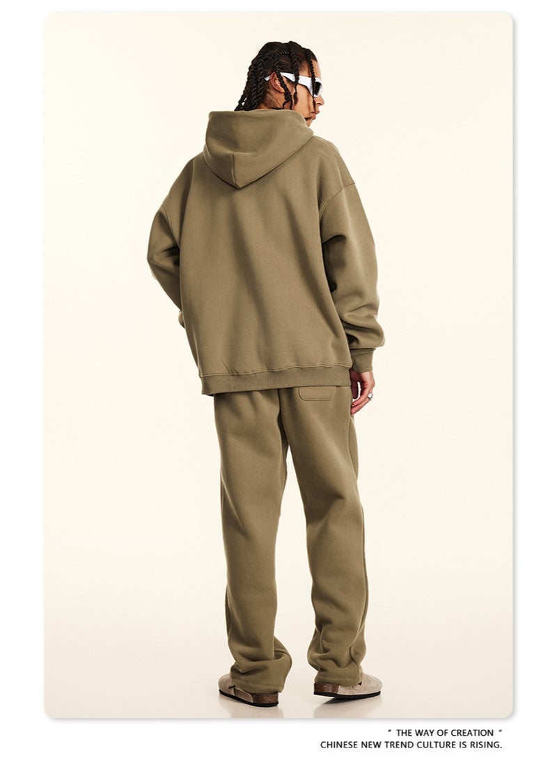 بى طقم من قطعتين: سويت شيرت بقلنسوة بلون سادة، كارديجان فضفاض كاجوال، وبنطال رياضي (بني) - Image 3