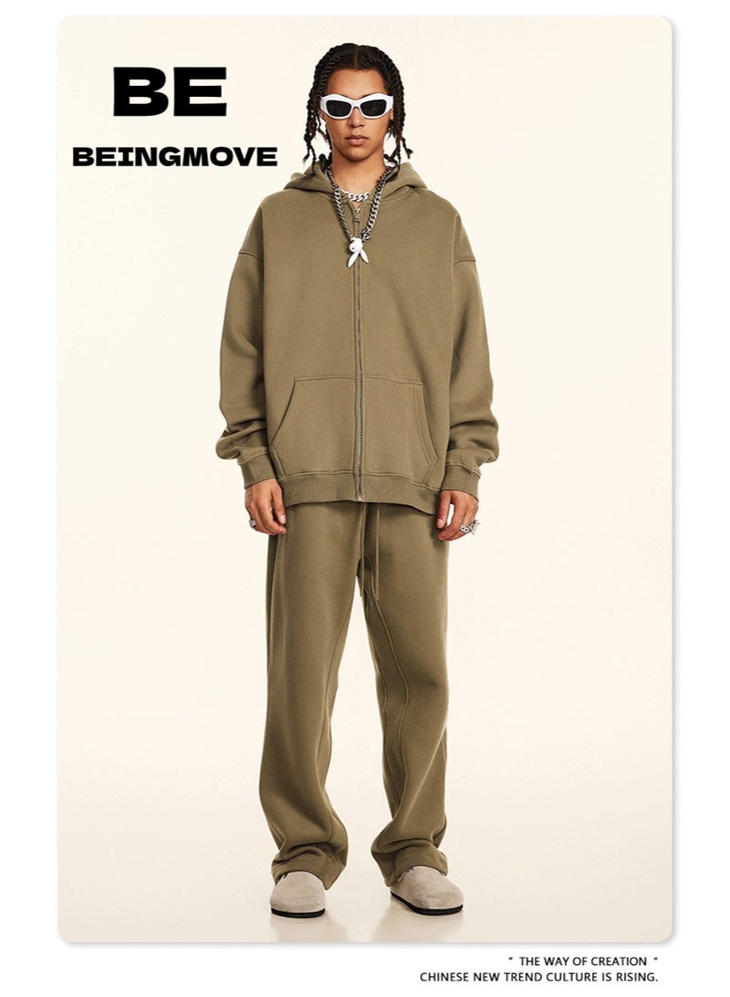 بى طقم من قطعتين: سويت شيرت بقلنسوة بلون سادة، كارديجان فضفاض كاجوال، وبنطال رياضي (بني) - Image 1