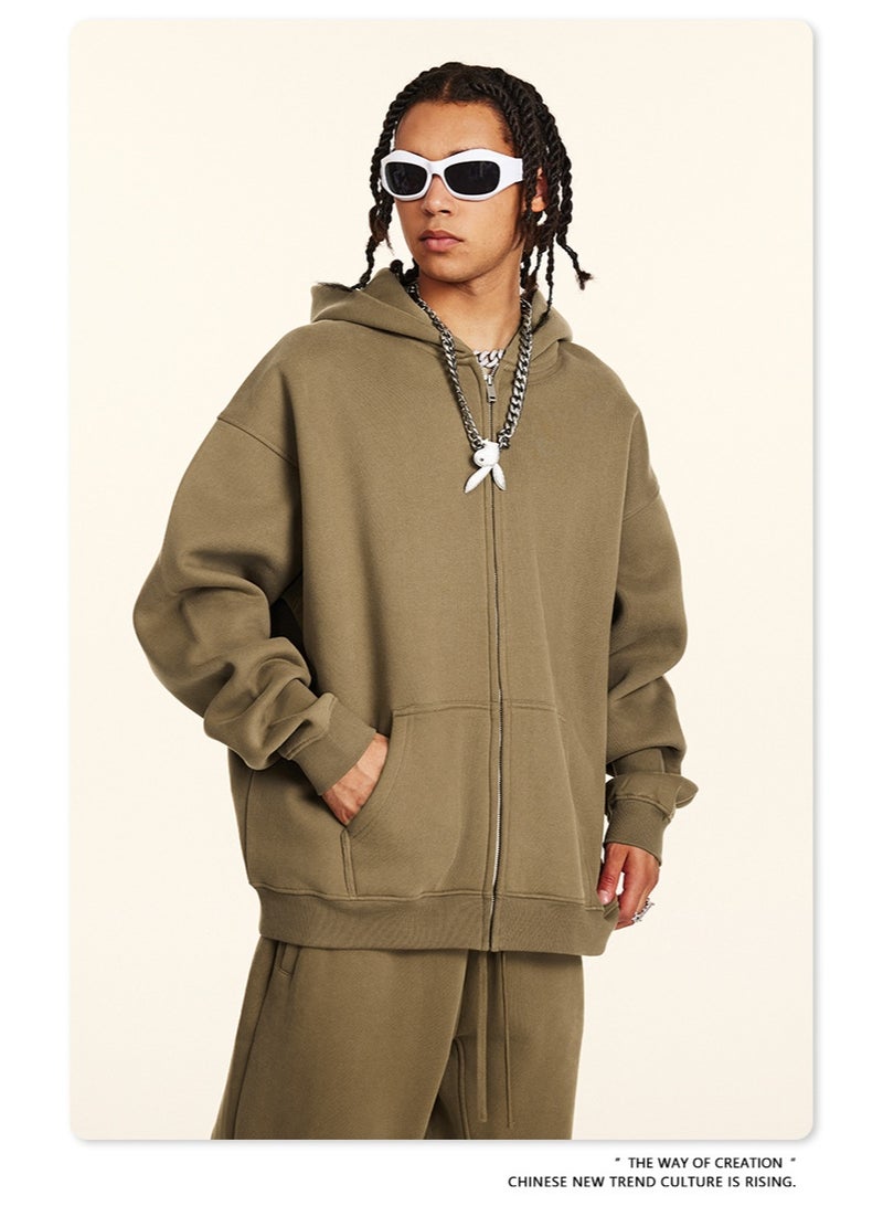 بى طقم من قطعتين: سويت شيرت بقلنسوة بلون سادة، كارديجان فضفاض كاجوال، وبنطال رياضي (بني) - Image 4