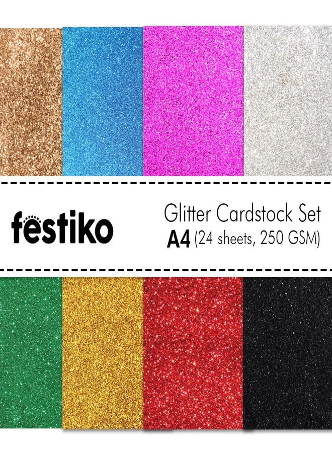 Festiko® Multicolor Glitter Cardstock Sheets (Pack of 24, A4, 250 GSM) – Premium Glitter Craft Paper for Scrapbooking, DIY Art, School Projects & Decorations - Image 1