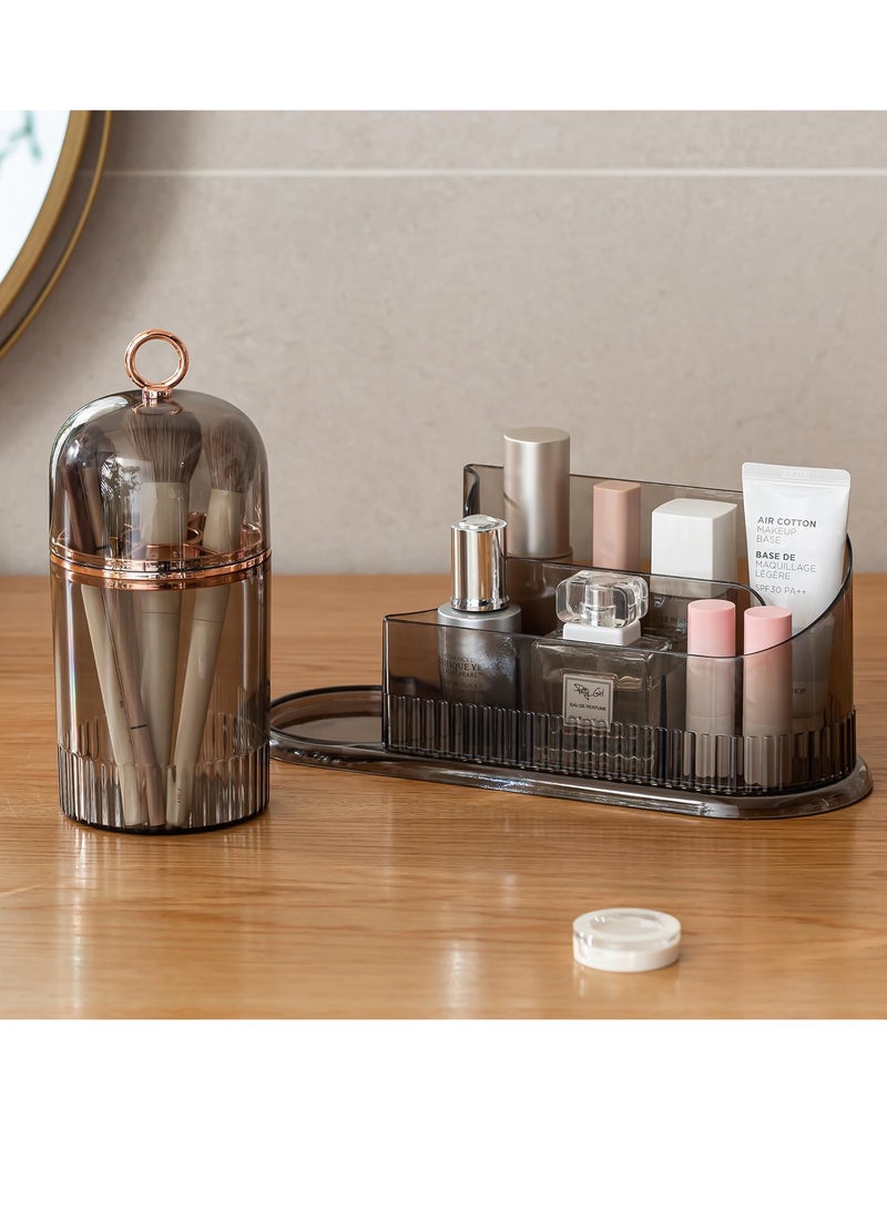 Excefore Makeup Organizer for Vanity, Gray Skincare Organizer with Partitioned Storage, Makeup Brush Holder, and Cosmetic Display Case, Ideal for Bedroom Countertop and Bathroom Storage - Image 4