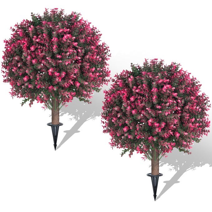 Set of 2 Artificial Rose Boxwood Topiary Ball Bush for Outdoor with Ground Spike 22 UV Resistant Faux Greenery Shrubs Fake RoseGreen Boxwood Plants for Garden Yard Porch Patio Decor