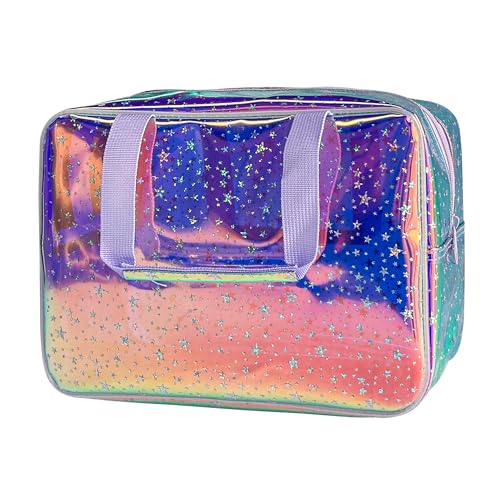 TotePrint Holographic Purple Star Large Cosmetic Bag and Travel Pouch with Handle,Durable Material,Zipper Design-Ideal for Makeup,Travel Essentials (Purple Handle) - Image 1