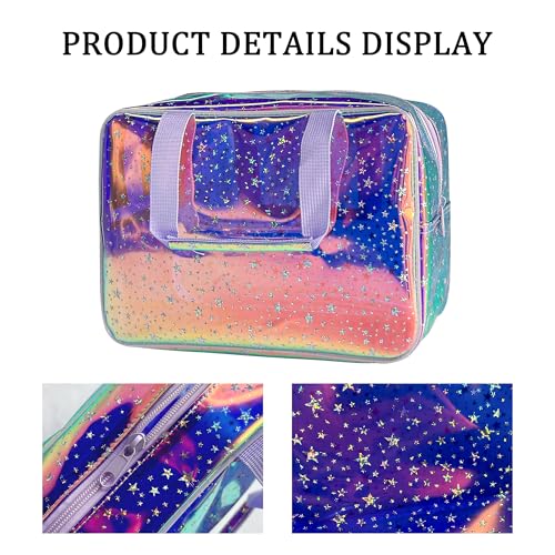 TotePrint Holographic Purple Star Large Cosmetic Bag and Travel Pouch with Handle,Durable Material,Zipper Design-Ideal for Makeup,Travel Essentials (Purple Handle) - Image 3