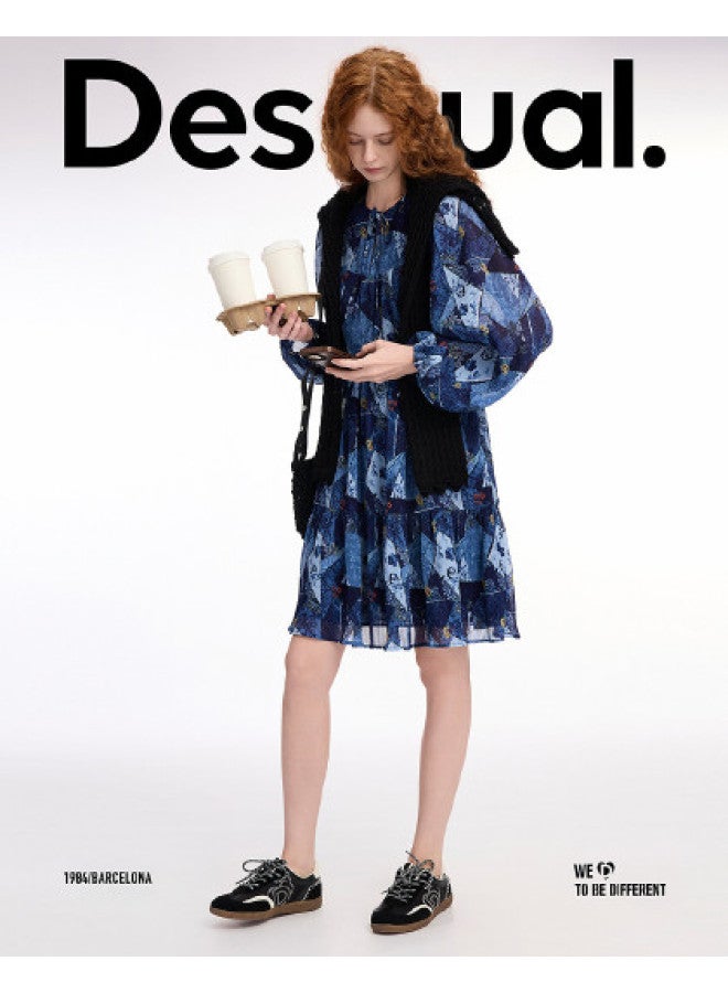 DESIGUAL فستان بتصميم مطبوع زهور جديد ss25 مع طيات وحزام عند الخصر - Image 1