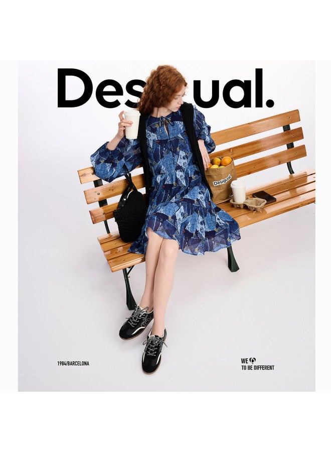 DESIGUAL فستان بتصميم مطبوع زهور جديد ss25 مع طيات وحزام عند الخصر - Image 5