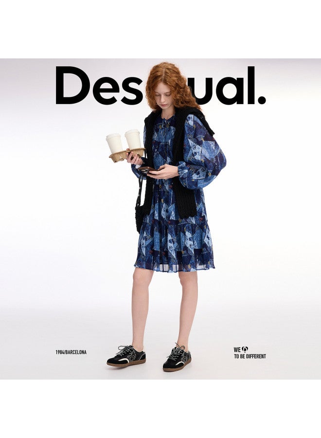 DESIGUAL فستان بتصميم مطبوع زهور جديد ss25 مع طيات وحزام عند الخصر - Image 2