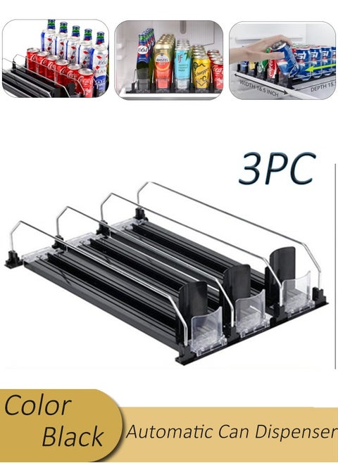 Canned Drink Pusher Beverage Organizer Adjustable Storage Rack Refrigerator Kitchen Cabinet Pantry Countertop Storage Automatic Can Dispenser 12 Standard Size 330ML 440ML 500ML Soda Can Organizer Automatic Drink Pusher Sliding Rack Black