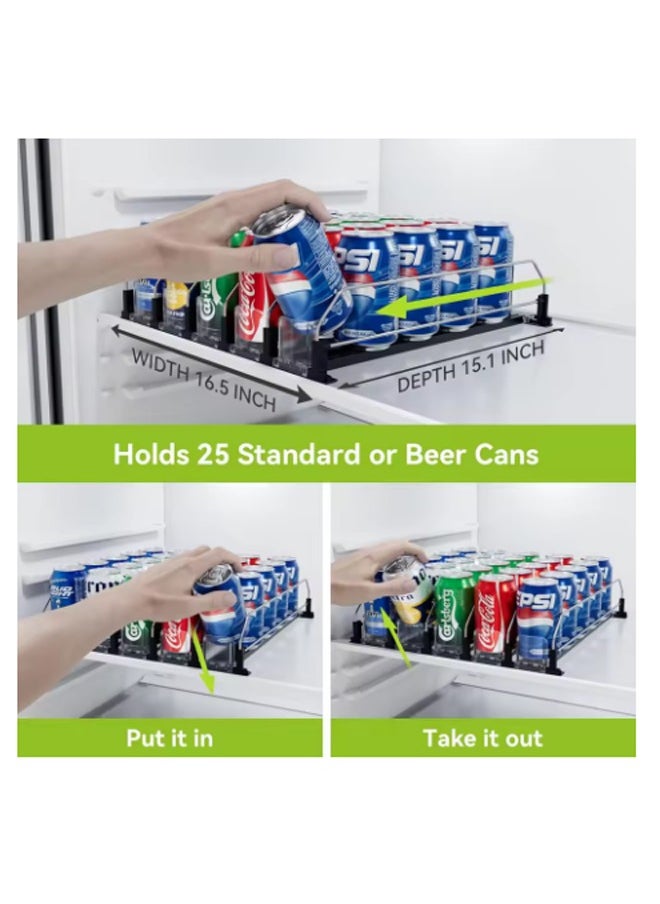 Canned Drink Pusher Beverage Organizer Adjustable Storage Rack Refrigerator Kitchen Cabinet Pantry Countertop Storage Automatic Can Dispenser 12 Standard Size 330ML 440ML 500ML Soda Can Organizer Automatic Drink Pusher Sliding Rack Black
