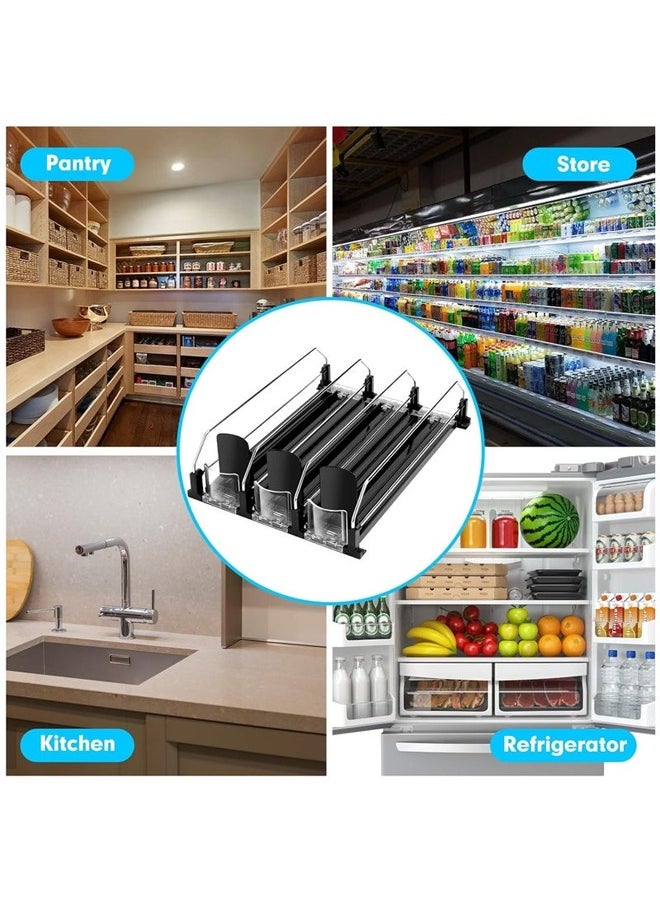 Canned Drink Pusher Beverage Organizer Adjustable Storage Rack Refrigerator Kitchen Cabinet Pantry Countertop Storage Automatic Can Dispenser 12 Standard Size 330ML 440ML 500ML Soda Can Organizer Automatic Drink Pusher Sliding Rack Black