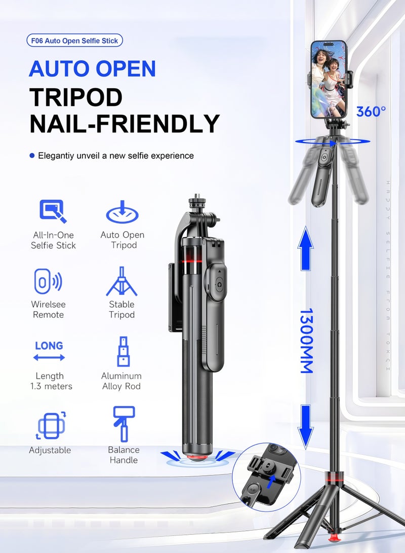 1.35m Portable automatic deployable photography tripod,, 360° rotation, horizontal, vertical and aerial photography, Bluetooth remote control, Telescopic aluminum alloy mini selfie stick - Image 2