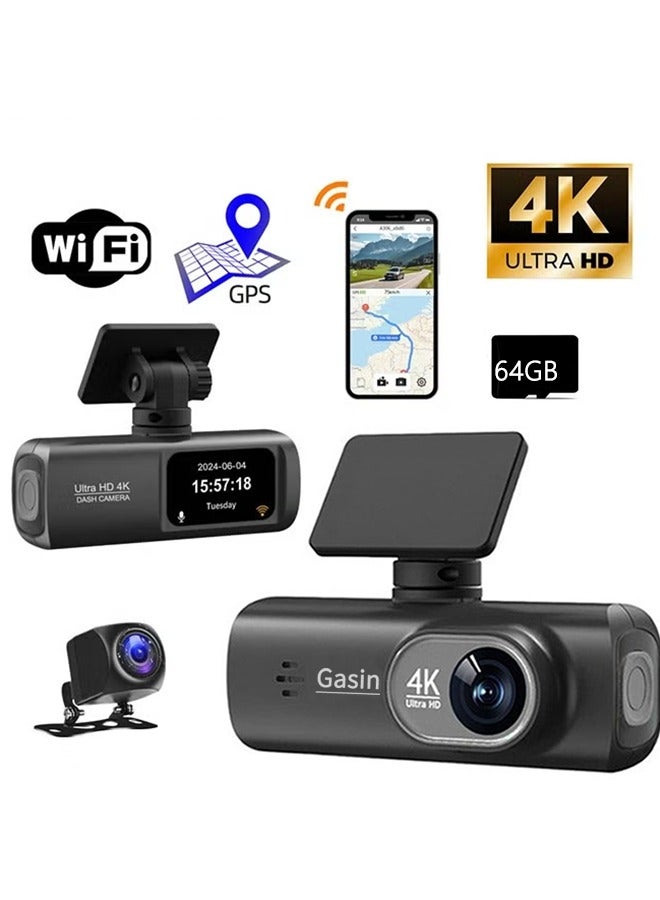 غاز مجموعة كاميرا لوحة القيادة للسيارة، كاميرا رؤية ليلية فائقة 4K + 1080P، مع بطاقة SD 64 جيجابايت، توصيل الهاتف عبر واي فاي مدمج، تسجيل متكرر - Image 1