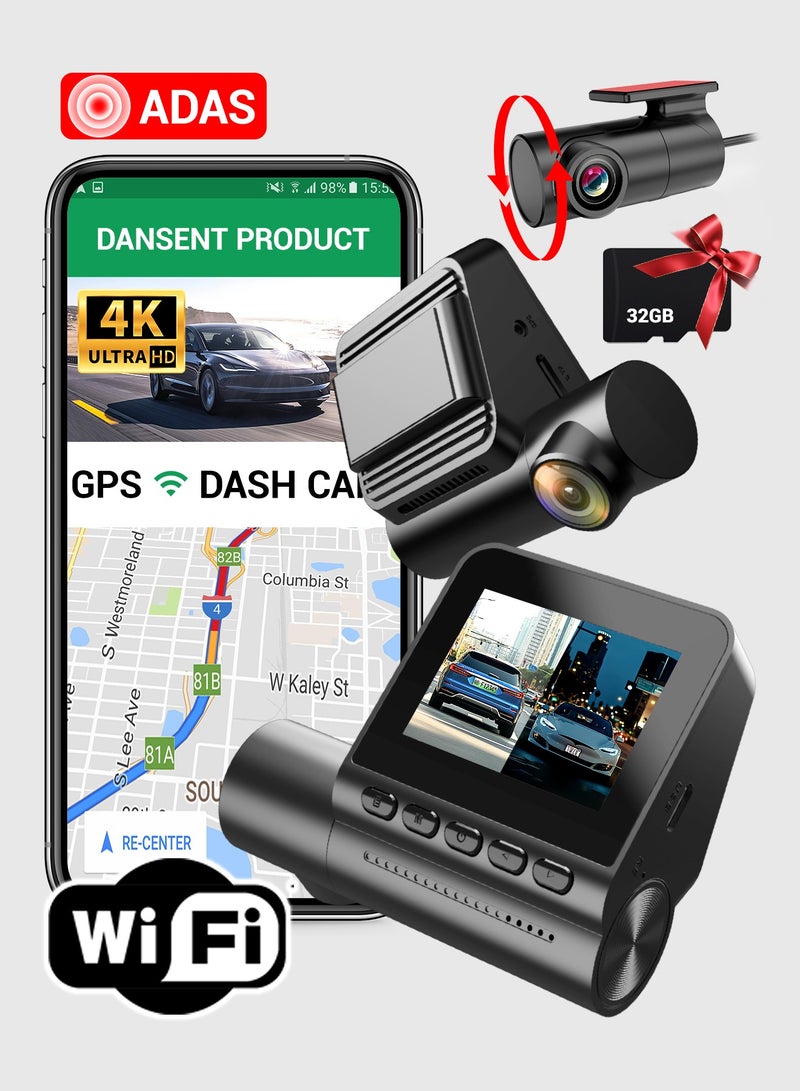 دانسينت كاميرا داش 4K Ultra HD 2 إنش IPS 1K خلفية للسيارة مع بطاقة 32 جيجابايت ونظام تحديد المواقع (GPS) ورؤية ليلية ومستشعر G ونظام ADAS وتحكم عبر تطبيق Wi-Fi وجهاز مراقبة الموقف على مدار 24 ساعة ومسجل فيديو. - Image 1