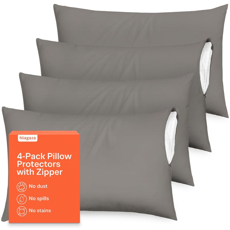 Ultra Soft Pillow Protectors with Zipper Queen Size  Set of 4 Breathable Pillow Covers  100 Protection Against Stains Dust  Dirt  Machine Washable Gray