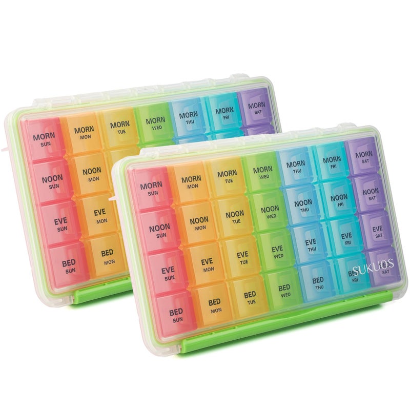Sukuos Weekly Pill Organizer 7 Day 4 Times a Day 2 Pcs, Easy to Open Large Daily Pill Box, Moisture-Resistant Medicine Cases for Medication/Vitamin/Fish Oil/Supplements (Rainbow) - Image 1