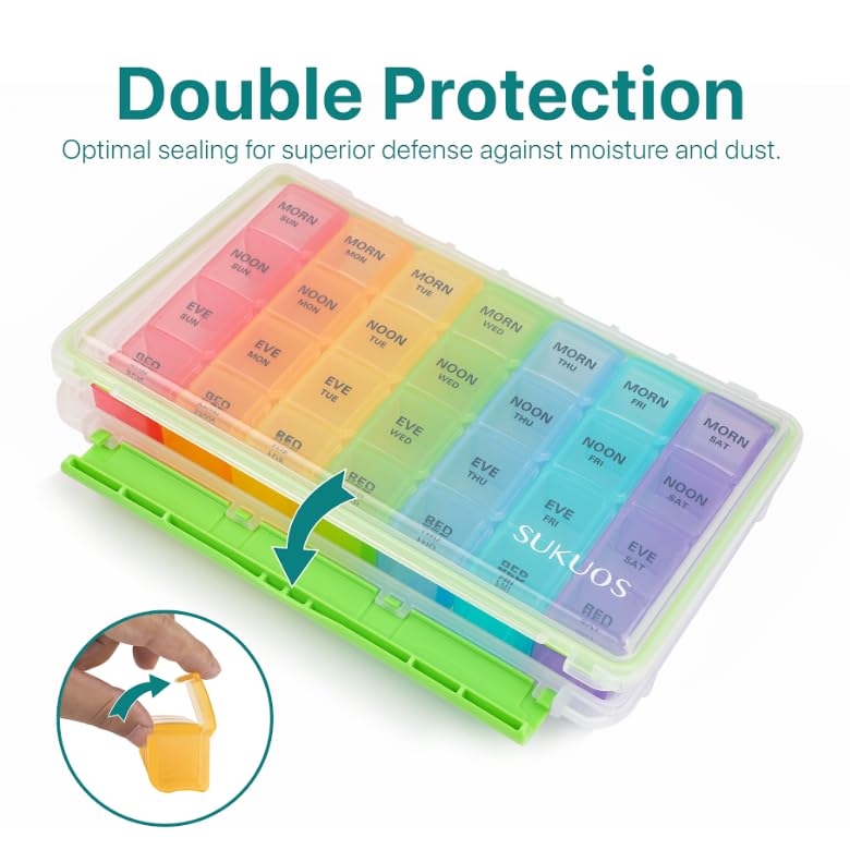 Sukuos Weekly Pill Organizer 7 Day 4 Times a Day 2 Pcs, Easy to Open Large Daily Pill Box, Moisture-Resistant Medicine Cases for Medication/Vitamin/Fish Oil/Supplements (Rainbow) - Image 5