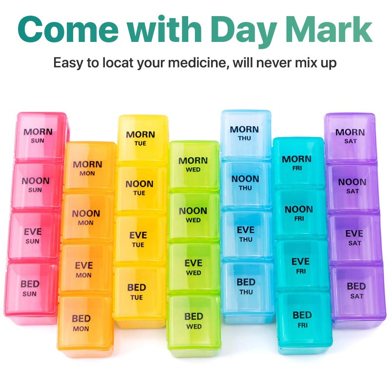 Sukuos Weekly Pill Organizer 7 Day 4 Times a Day 2 Pcs, Easy to Open Large Daily Pill Box, Moisture-Resistant Medicine Cases for Medication/Vitamin/Fish Oil/Supplements (Rainbow) - Image 3