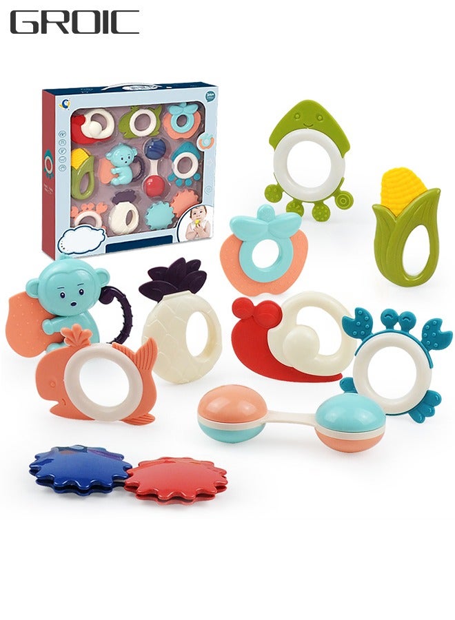 GROIC 10 قطع من ألعاب التسنين الخشخيشة للأطفال من عمر 0 إلى 6 إلى 12 شهرًا، ألعاب تعليمية مبكرة للرضع، عضاضة مهدئة، ألعاب أطفال من عمر 6 إلى 12 شهرًا هدية للأطفال حديثي الولادة - Image 1