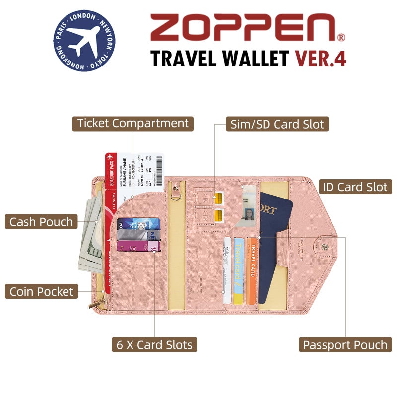 ZOPPEN Multi-purpose Rfid Blocking Travel Passport Wallet (Ver.4) Tri-fold Document Organizer Holder (#26 Carnation Pink) - Image 4