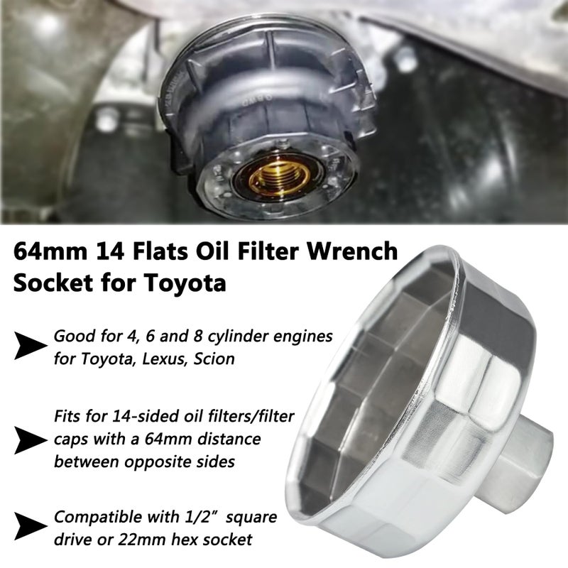 Sporthfish 64mm 14 Flutes Oil Filter Socket for Lexus Scion Toyota Oil Filter Wrench Oil Filters Cap Removal Tool Chrome Vanadium Steel OilFilter Wrenches Silver - Image 4