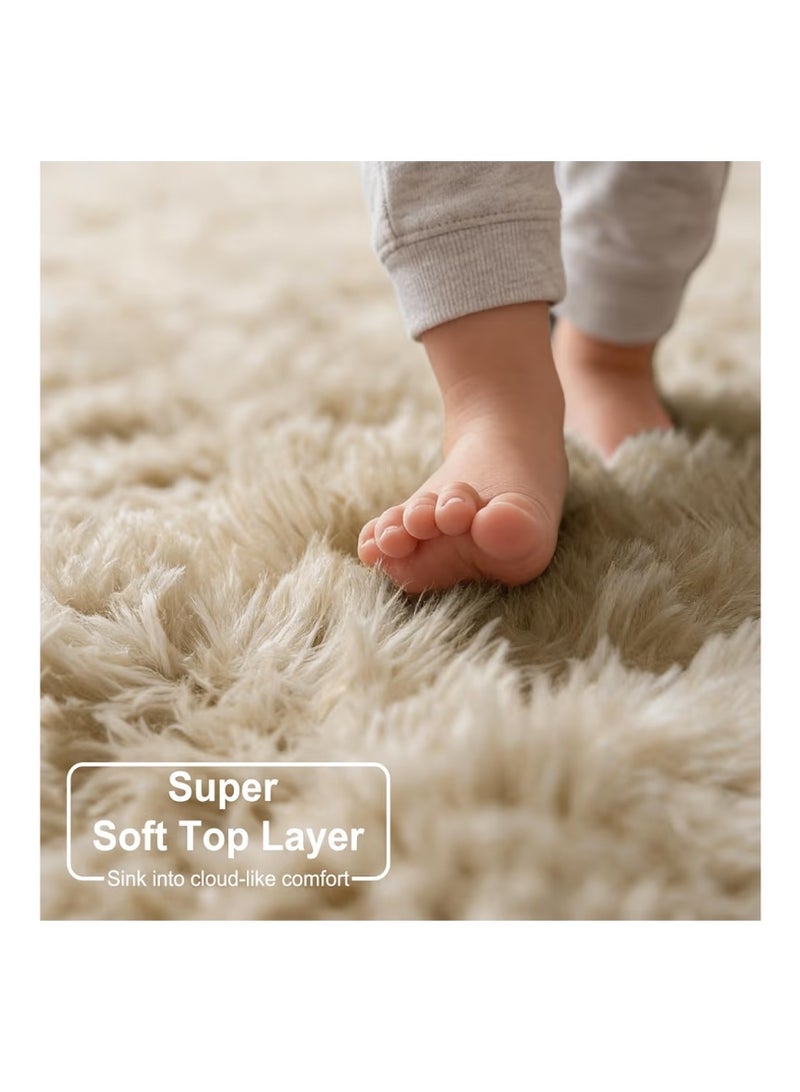 Amdrebio Beige Round Rug for Bedroom,Fluffy Circle Rug 1.2mX1.2m for Kids Room,Furry Carpet for Teen's Room,Shaggy Throw Rug for Nursery Room,Fuzzy Plush Rug for Dorm,Black Carpet,cute room decor for baby - Image 2