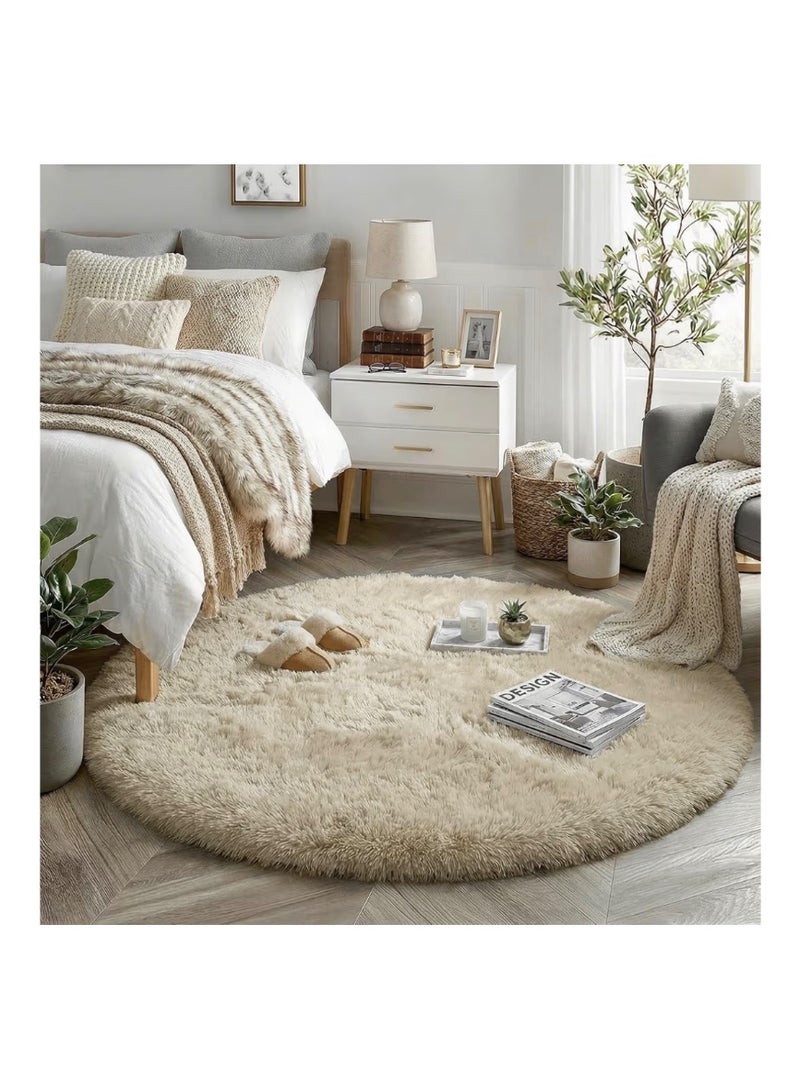 Amdrebio Beige Round Rug for Bedroom,Fluffy Circle Rug 1.2mX1.2m for Kids Room,Furry Carpet for Teen's Room,Shaggy Throw Rug for Nursery Room,Fuzzy Plush Rug for Dorm,Black Carpet,cute room decor for baby - Image 1