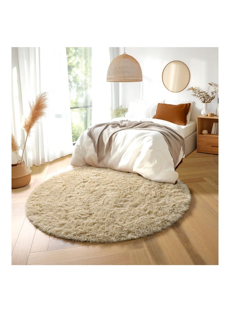 Amdrebio Beige Round Rug for Bedroom,Fluffy Circle Rug 1.2mX1.2m for Kids Room,Furry Carpet for Teen's Room,Shaggy Throw Rug for Nursery Room,Fuzzy Plush Rug for Dorm,Black Carpet,cute room decor for baby - Image 4