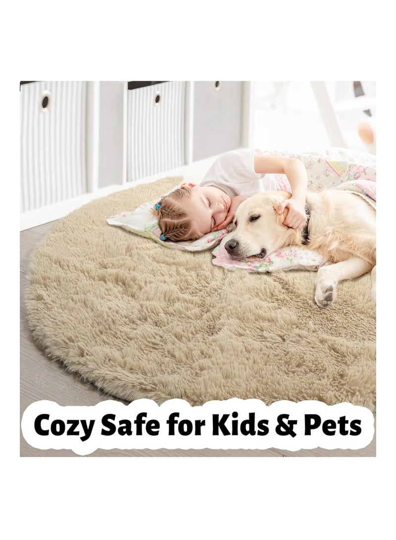 Amdrebio Beige Round Rug for Bedroom,Fluffy Circle Rug 1.2mX1.2m for Kids Room,Furry Carpet for Teen's Room,Shaggy Throw Rug for Nursery Room,Fuzzy Plush Rug for Dorm,Black Carpet,cute room decor for baby - Image 3