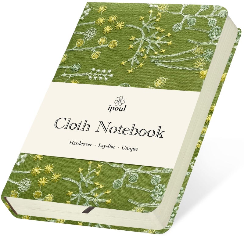 ipoul Pocket Notebook, A6 Journal, Small Embroidered Journal, Cute Fabric Notebook, Lay Flat Hardcover Journal, 4x6 Lined Notebook & Sketchbook, Personal Writing Journal for Women, Green Dandelion - Image 1