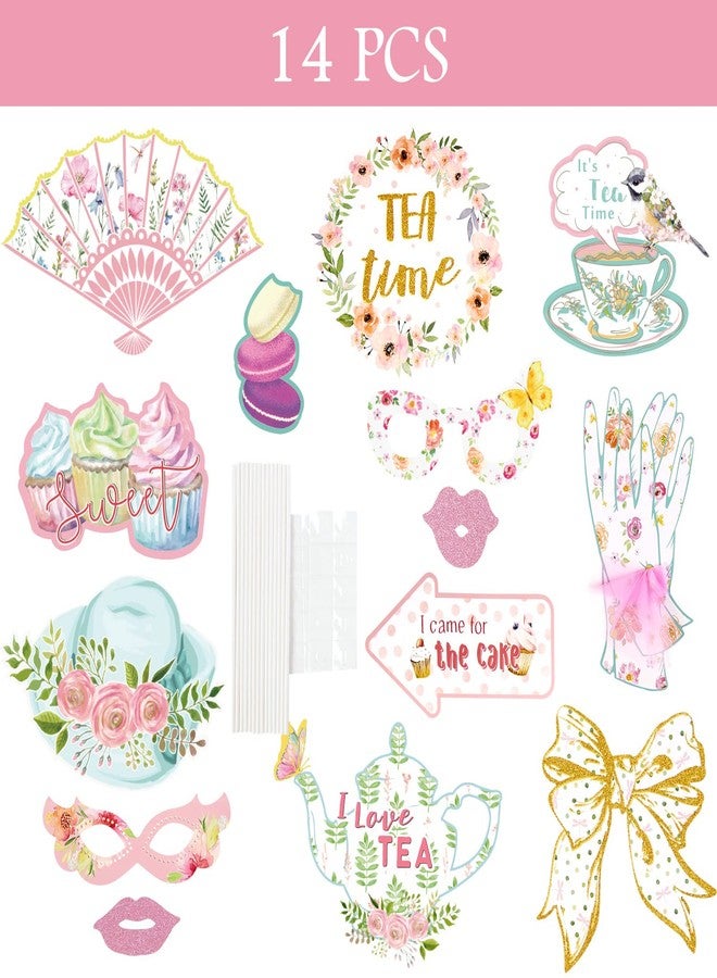 SUNBEAUTY Tea Party Photo Booth Props Stick Props Tea Party Supplies 14Pcs - Image 2