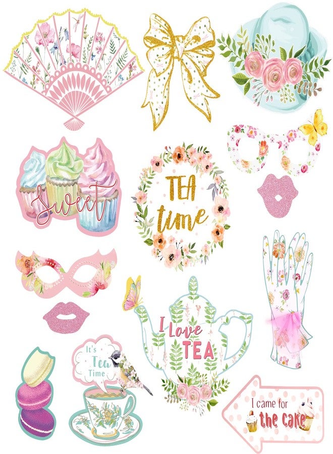 SUNBEAUTY Tea Party Photo Booth Props Stick Props Tea Party Supplies 14Pcs - Image 1