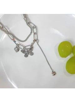 Double Layer Love Butterfly Necklace for Women Silver Stacked Butterfly Necklace F-031