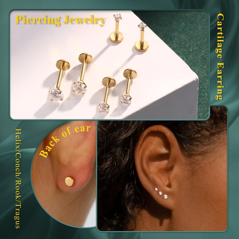 GEMQUEEN G23 Titanium Flat Back Earrings Hypoallergenic - 14K Gold Filled Internal Thread Stud Earring 18G Cartilage Helix Tragus Conch Medusa Piercing Jewelry Nose Lip Labret Studs for Women Men - Image 2