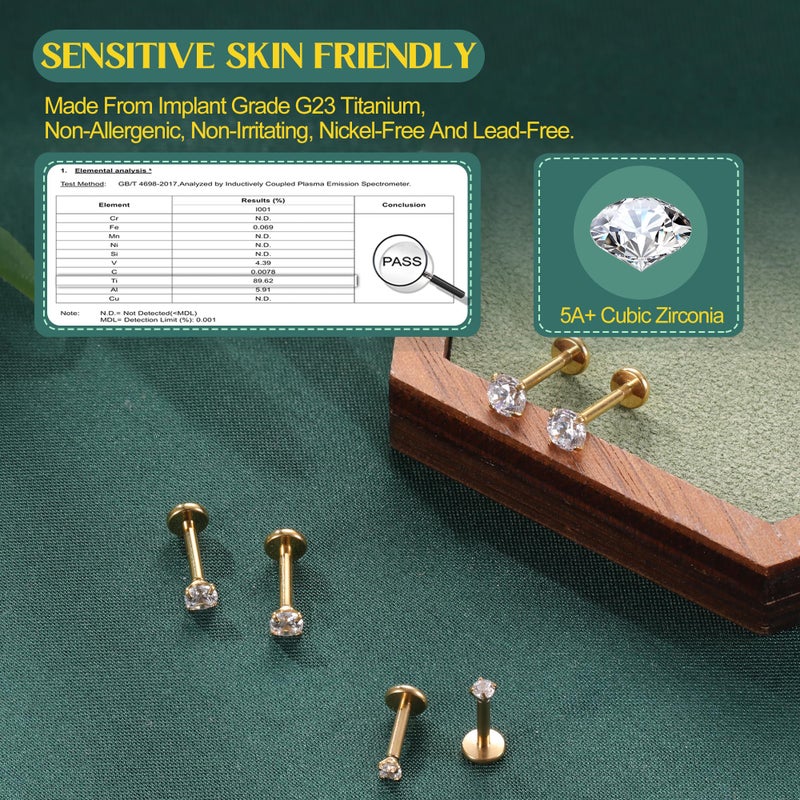 GEMQUEEN G23 Titanium Flat Back Earrings Hypoallergenic - 14K Gold Filled Internal Thread Stud Earring 18G Cartilage Helix Tragus Conch Medusa Piercing Jewelry Nose Lip Labret Studs for Women Men - Image 5