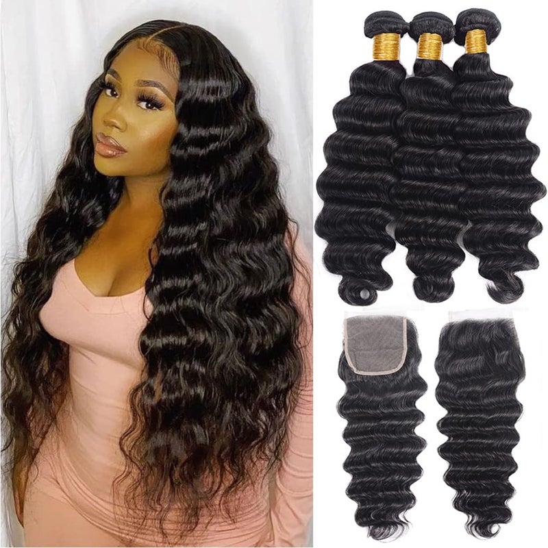 Loose Deep Wave Bundles and Closure Best Brazilian Human Hair Bundles with Closure Loose Deep 18 20 22 16 Inch 9a Virgin Human Hair 3 Bundles with Closure Can Be Dyed and Bleached Natural Black
