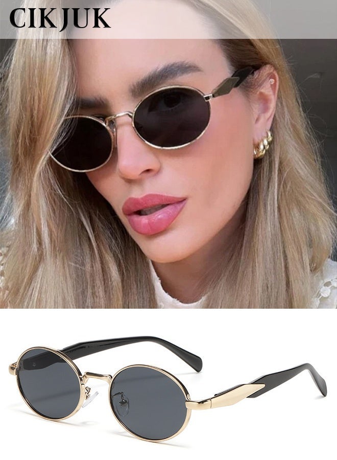 CIKJUK Oval Sunglasses Women Men Fashion Sun Glasses Round Men's Women's Sunglass Metal Frame Shades UV400 Protection Sun Glas Black - Image 1