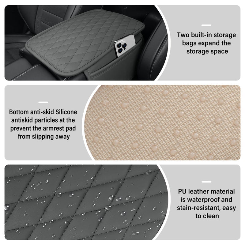 Amiss Car Center Console Cover, Upgraded Leather Car Armrest Cushion with 2 Storage Pockets, Universal Waterproof Cushion Pad, Non-Slip Car Interior Accessories, Fits Most Sedans SUVs Trucks (Gray) - Image 3