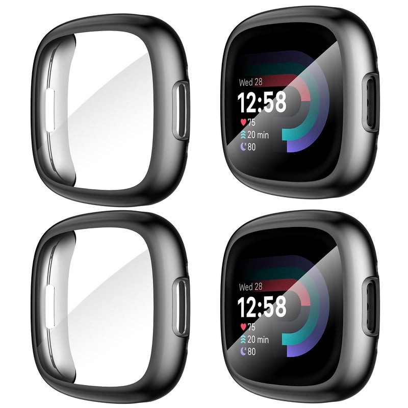 Suoman [4-Pack] for Fitbit Sense 2 /Versa 4 Screen Protector Case, Full Around Electroplate Soft TPU Bumper Around Protective Case Cover for Fitbit Sense 2/Versa 4 Smartwatch(Black+Black+Black+Black) - Image 1