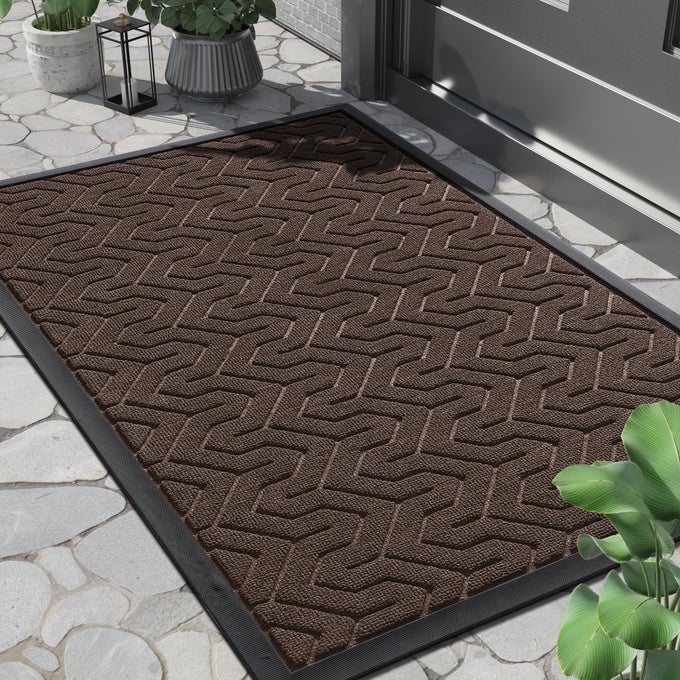 FRONT DOOR MAT WATERPROOF INDOOR OUTDOOR WELCOME MATS FOR ENTRANCE HEAVY DUTY NONSLIP RUBBER BACKING GARAGE OR PATIO ENTRY FLOOR 36X24 BROWN