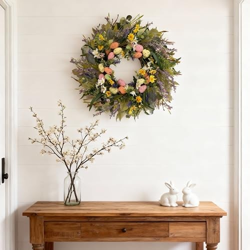 HipTree 24 Inch Farmhouse Easter Wreath for Front Door, Artificial Pastel Spring Wreaths with Easter Eggs,Lavender&Wildflowers,Handcrafted Wreath for Entryway Mantel Window Indoor Outdoor Decorations - Image 5